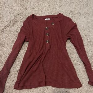 Women's Ribbed Button-Up Top - Burgundy